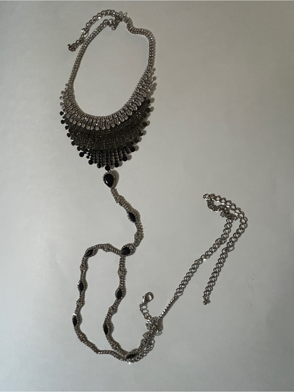 Rhinestone Bib Collar Body Chain Harness Necklace Black Crystal Festival Goth